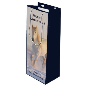 Beautiful White Horse Galloping in Snow Christmas Wine Gift Bag