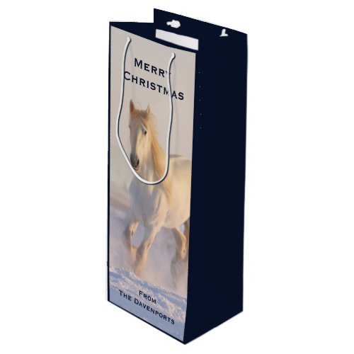 Beautiful White Horse Galloping in Snow Christmas Wine Gift Bag