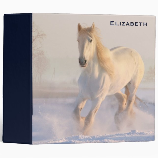 Beautiful White Horse Galloping in the Snow 3 Ring Binder (Front/Spine)