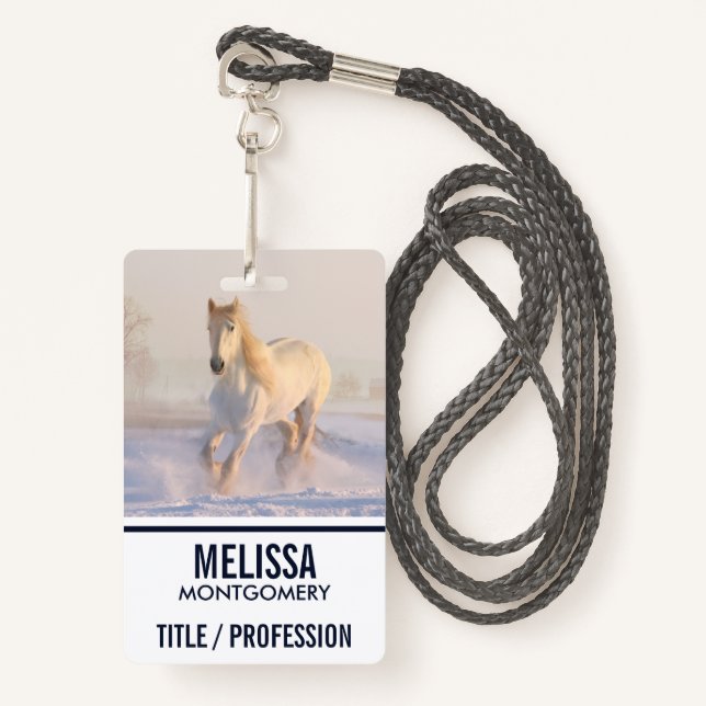 Beautiful White Horse Galloping in the Snow Badge (Front with Lanyard)