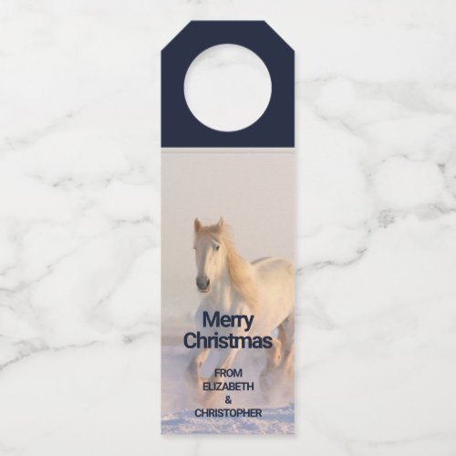 Beautiful White Horse Galloping in the Snow Bottle Hanger Tag