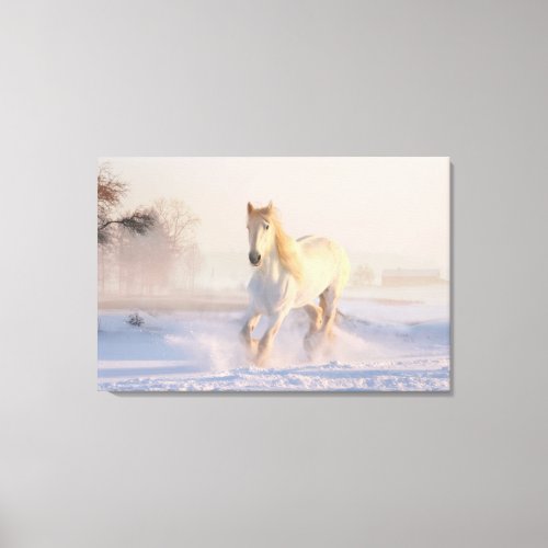 Beautiful White Horse Galloping in the Snow Canvas Print