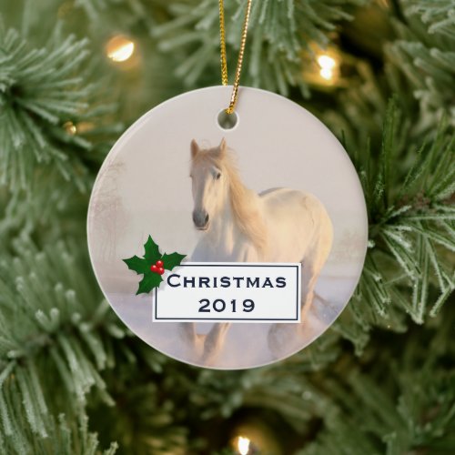 Beautiful White Horse Galloping in the Snow Ceramic Ornament