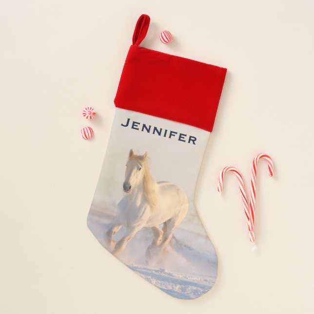 Beautiful White Horse Galloping in the Snow Christmas Stocking (Front)
