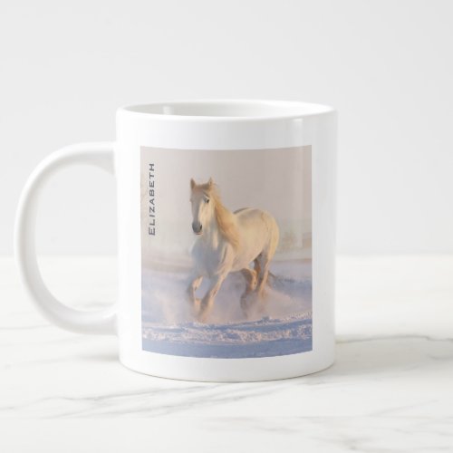 Beautiful White Horse Galloping in the Snow Giant Coffee Mug