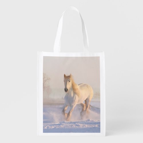 Beautiful White Horse Galloping in the Snow Grocery Bag