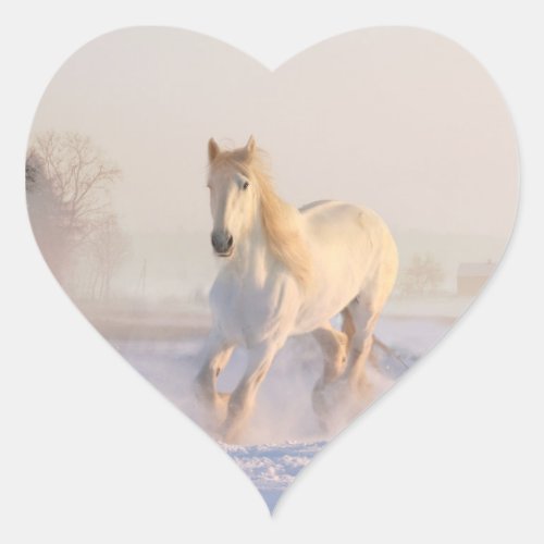 Beautiful White Horse Galloping in the Snow Heart Sticker