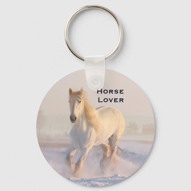 Beautiful White Horse Galloping in the Snow Keychain (Front)