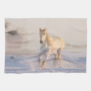 Beautiful White Horse Galloping in the Snow Kitchen Towel