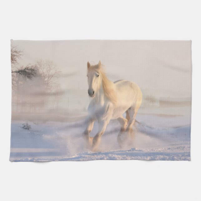 Beautiful White Horse Galloping in the Snow Kitchen Towel (Horizontal)
