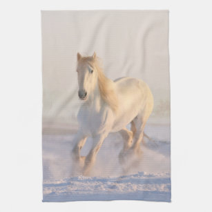 Beautiful White Horse Galloping in the Snow Kitchen Towel
