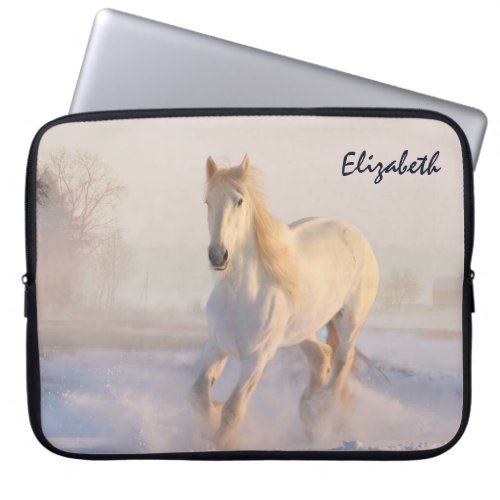 Beautiful White Horse Galloping in the Snow Laptop Sleeve