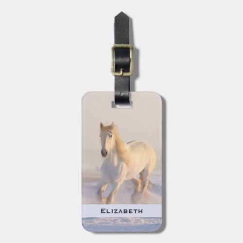 Beautiful White Horse Galloping in the Snow Luggage Tag