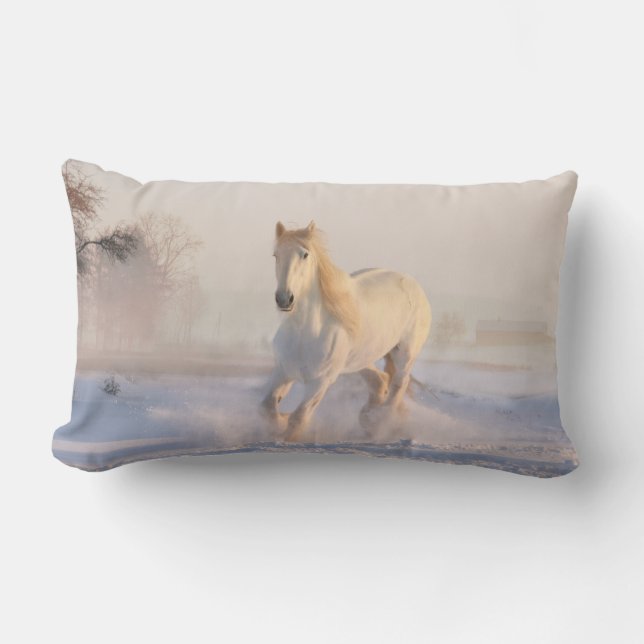 Beautiful White Horse Galloping in the Snow Lumbar Pillow (Front)