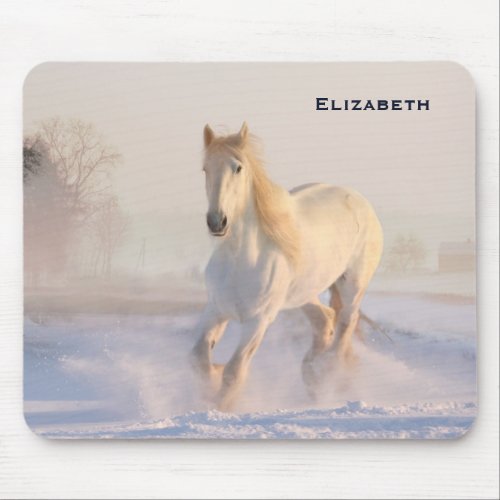 Beautiful White Horse Galloping in the Snow Mouse Pad