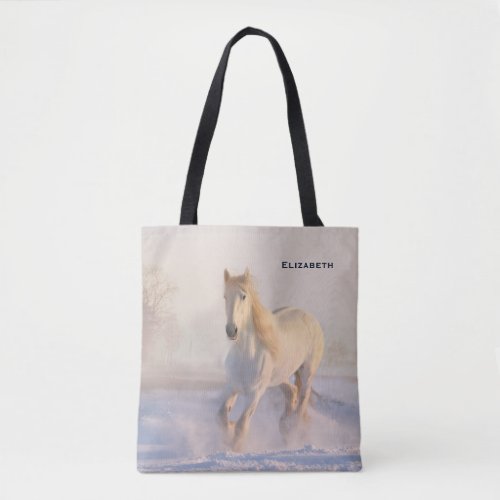Beautiful White Horse Galloping in the Snow Tote Bag