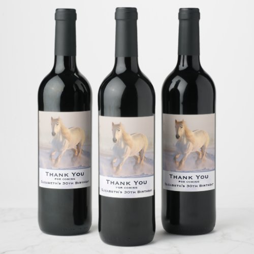 Beautiful White Horse Galloping in the Snow Wine Label