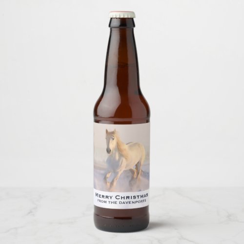 Beautiful White Horse Galloping in the Snow Xmas Beer Bottle Label