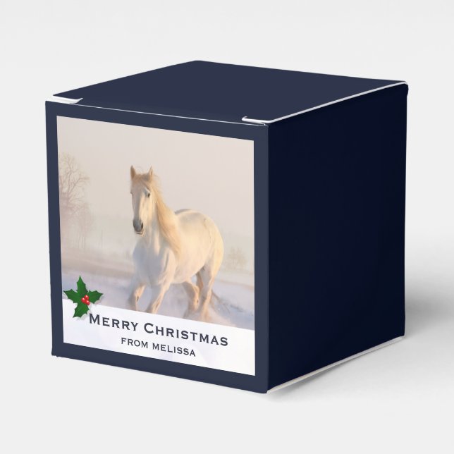 Beautiful White Horse Galloping in the Snow Xmas Favor Boxes (Front Side)