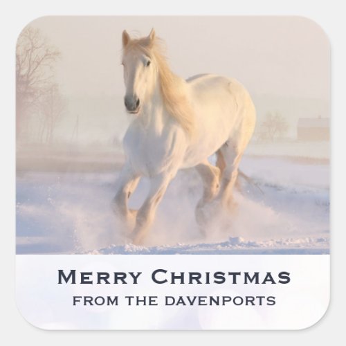 Beautiful White Horse Galloping in the Snow Xmas Square Sticker