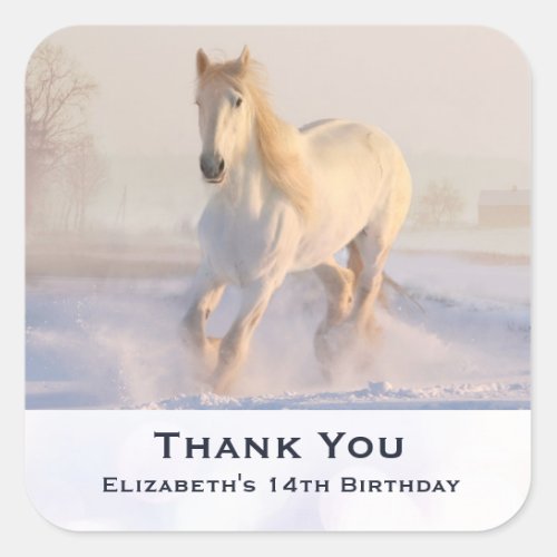 Beautiful White Horse Galloping in Winter Birthday Square Sticker