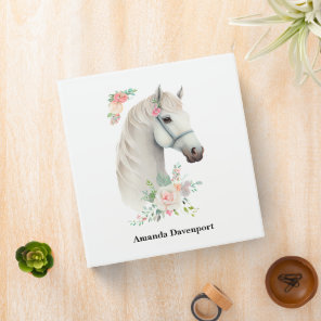 Beautiful White Horse Head Boho Floral 3 Ring Binder