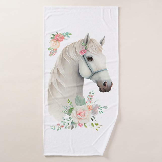 Beautiful White Horse Head Boho Floral Bath Towel Set (Bath Towel)