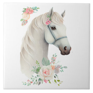 Beautiful White Horse Head Boho Floral Ceramic Tile