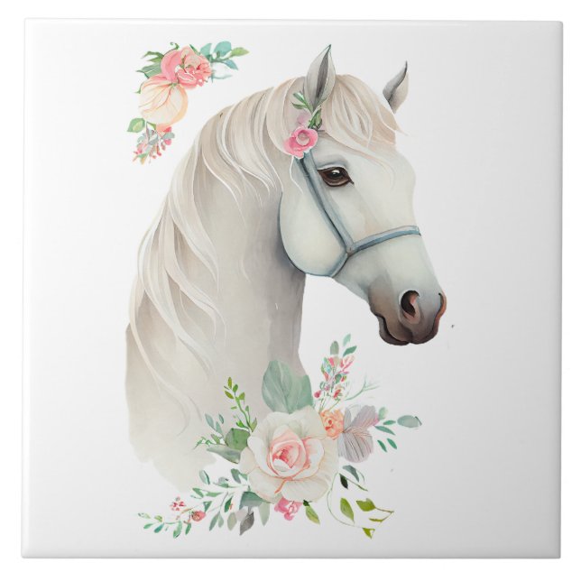 Beautiful White Horse Head Boho Floral Ceramic Tile (Front)