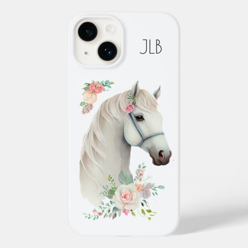 Beautiful White Horse Head Boho Floral Monogram Case_Mate iPhone 14 Case