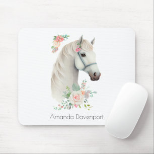 Beautiful White Horse Head Boho Floral Mouse Pad