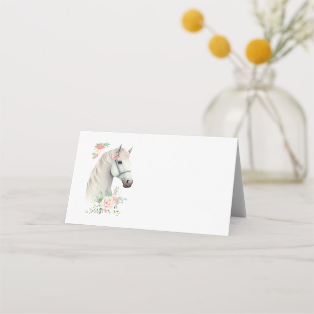 Beautiful White Horse Head Boho Floral Place Card (Front)