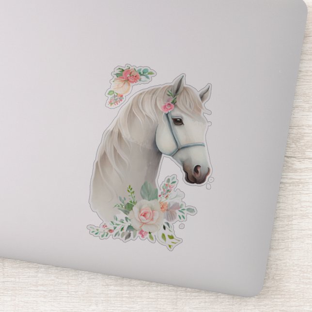 Beautiful White Horse Head Boho Floral Sticker (Detail)