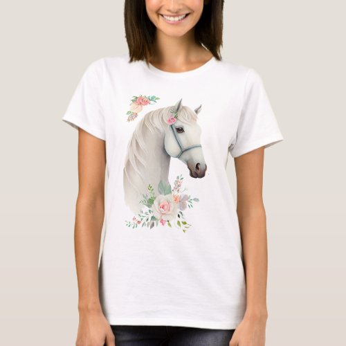 Beautiful White Horse Head Boho Floral T_Shirt