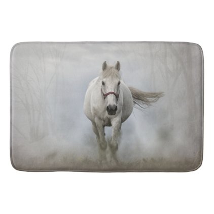 Beautiful white horse in mist bath mat