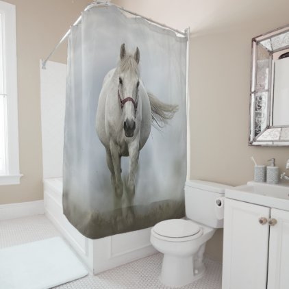 Beautiful white horse in mist shower curtain