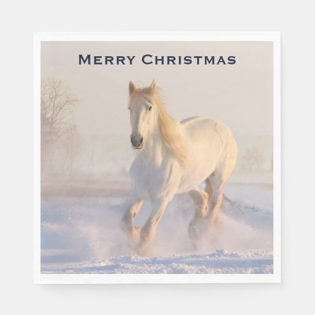 Beautiful White Horse  in the Snow Christmas Napkins (Front)