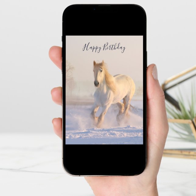 Beautiful White Horse in the Snow Photo Birthday Card (Front Digital)