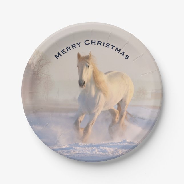Beautiful White Horse in the Snow Photo Christmas Paper Plates (Front)