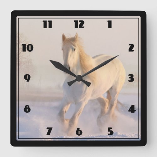 Beautiful White Horse in the Snow Photo Square Wall Clock