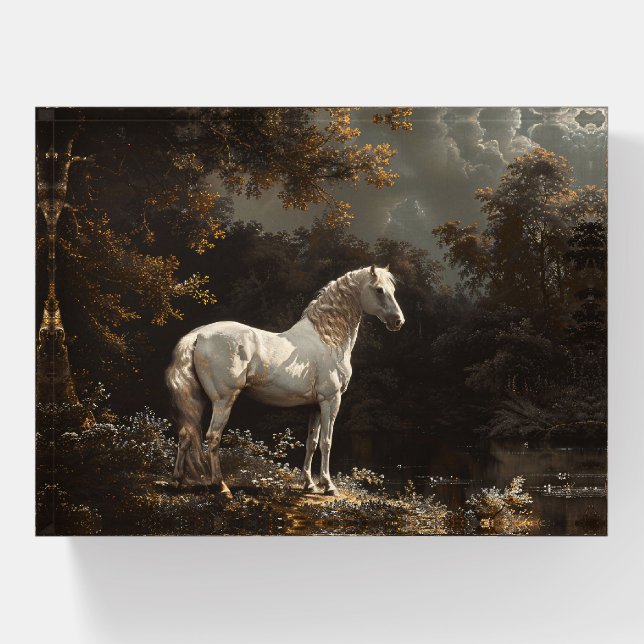 Beautiful White Horse Oil Painting Vintage Paperweight (Front)