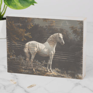Beautiful White Horse Oil Painting Vintage Wooden Box Sign