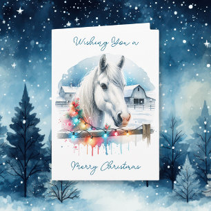 Beautiful White Horse on Farm Christmas Card