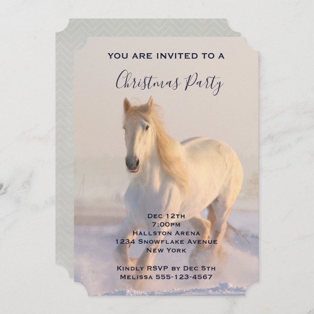 Beautiful White Horse Running in Snow Christmas Invitation (Front/Back)