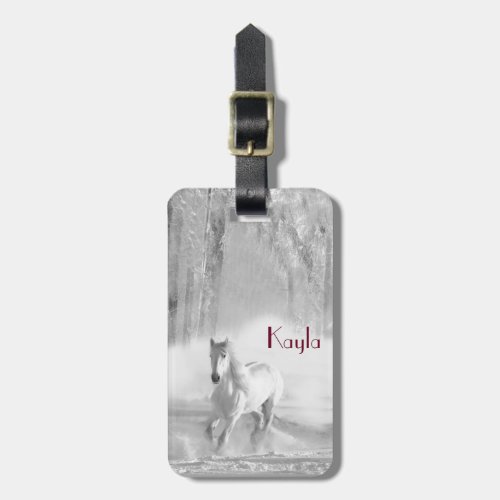 Beautiful White Horse Running in Snow Luggage Tag