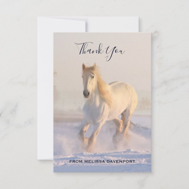 Beautiful White Horse Running in Snow Thank You (Front)