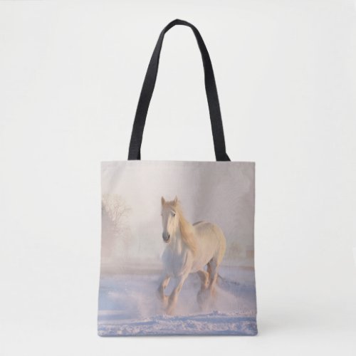 Beautiful White Horse Running in Snow Tote Bag