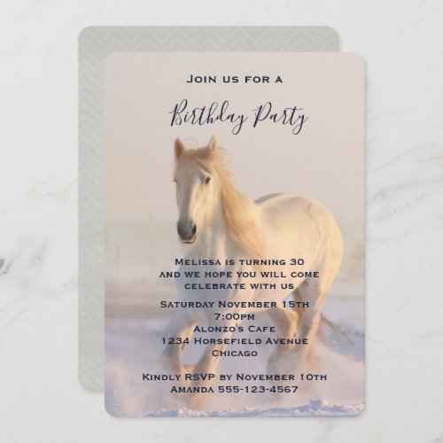 Beautiful White Horse Running in the Snow Birthday Invitation