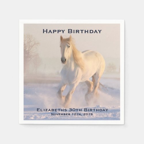 Beautiful White Horse Running in the Snow Birthday Napkins