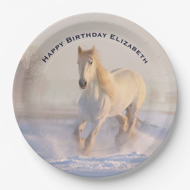 Beautiful White Horse Running in the Snow Birthday Paper Plates (Front)